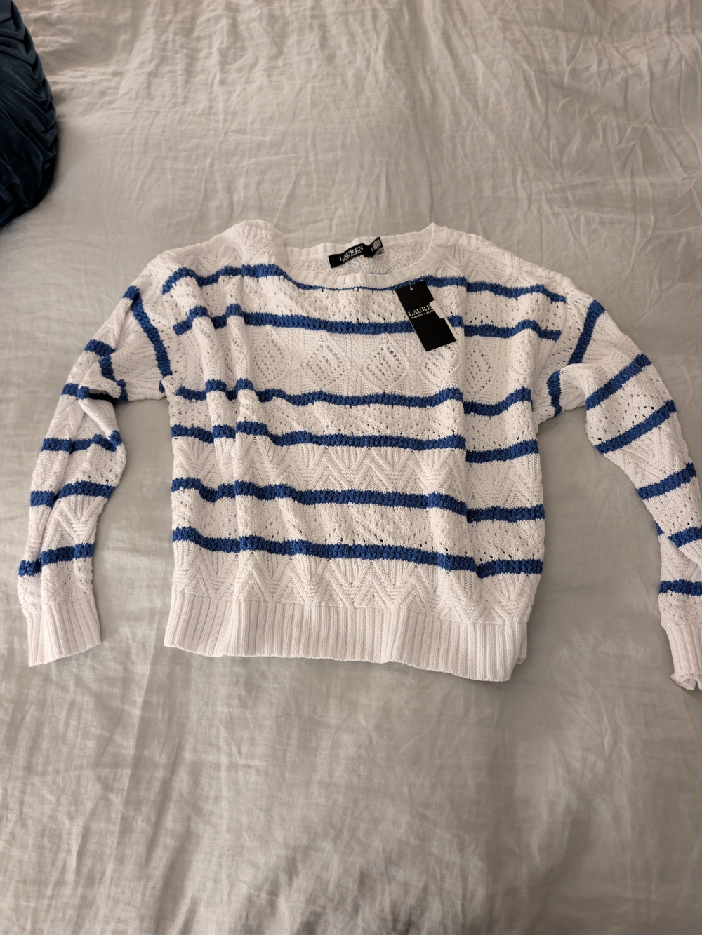 Lauren Ralph Lauren NWT Blue White Striped Pointelle Knit Sweater Size L $195